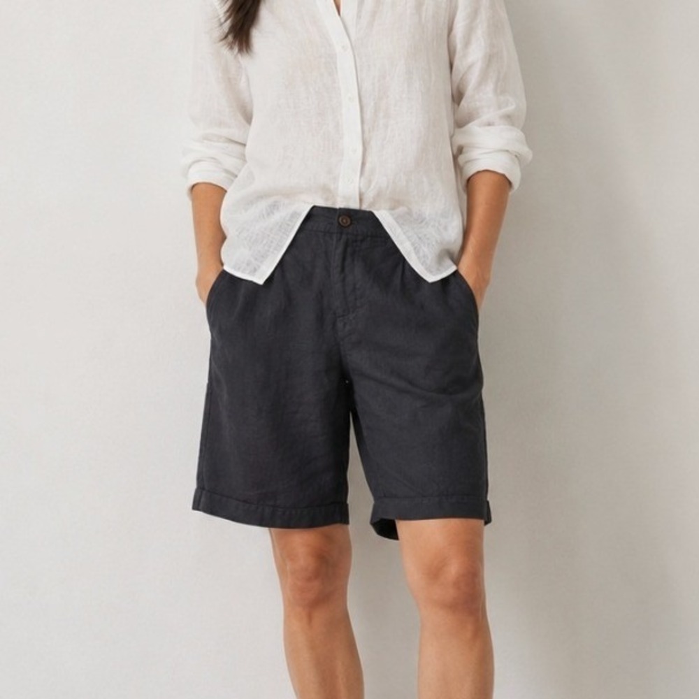 Eileen Fisher Organic Linen Shorts Pleated Button 12 Black Euro Summer Coastal